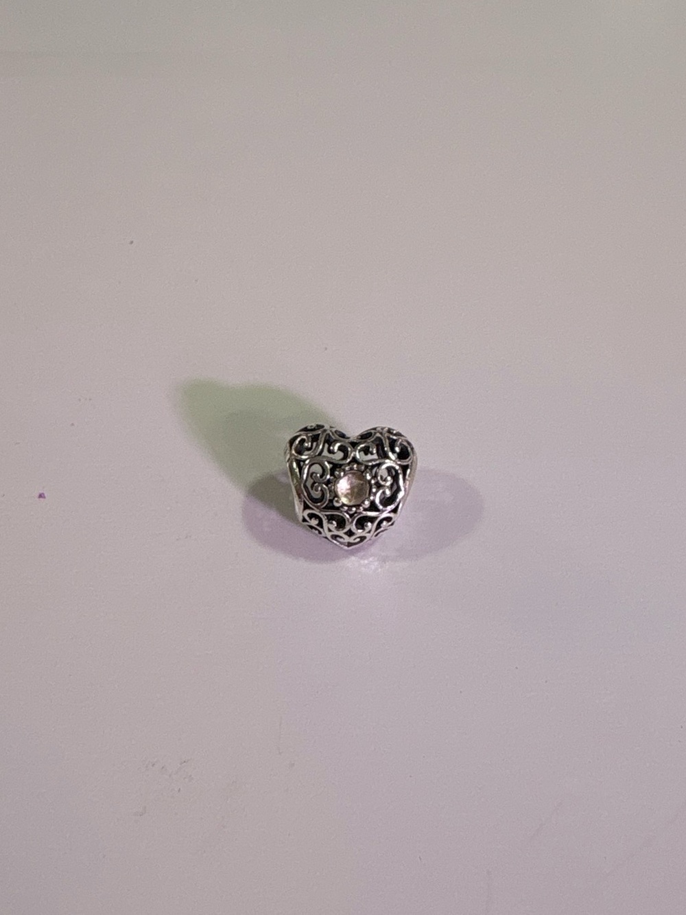 Pandora Silver Heart Filigree Charm with Clear Center Stone